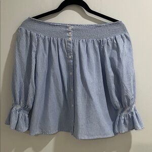 Women’s Top Small Off the Shoulder Striped Cotton Blend Button Front Blouse